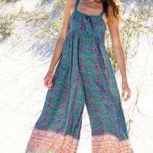 NATURAL LIFE Teal Floral Jumpsuit with Pink Accents